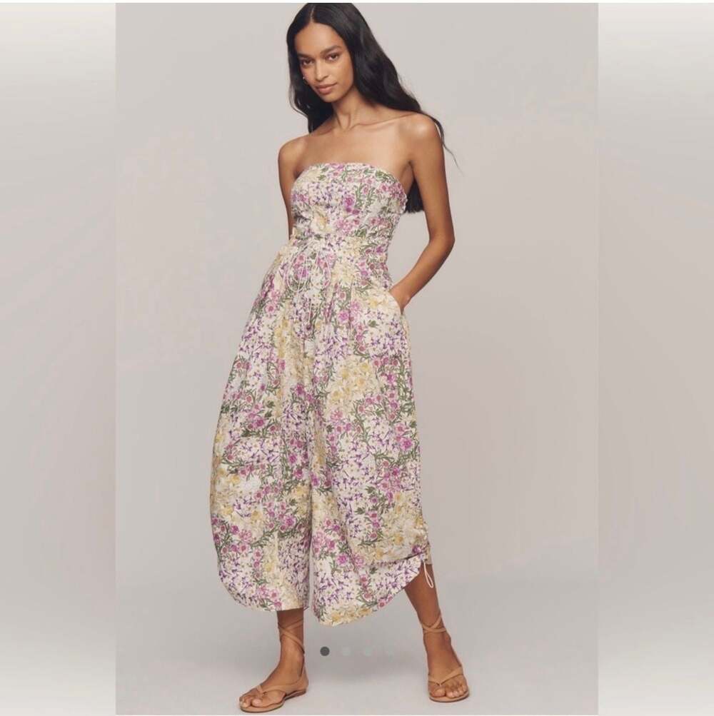By Anthropologie Cotton Strapless Parachute Jumpsuit in Floral Print